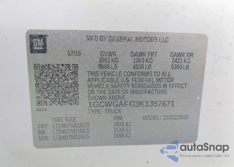 2019 Chevrolet Express 2500 Work Van z USA, uszkodzony, nr VIN 1GCWGAFG3K1357671